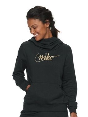 Nike Black Gold Logo Funnel Neck Hoodie Pullover Medium